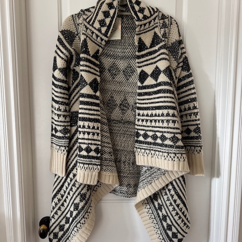 NWT Boston Proper Geometric Cardigan Black Ivory Sequin Sparkle